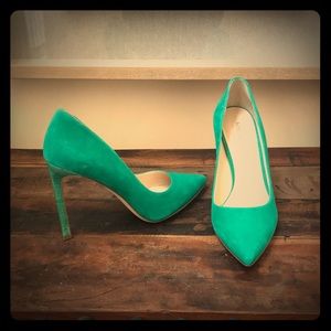 green suede pumps, size 9